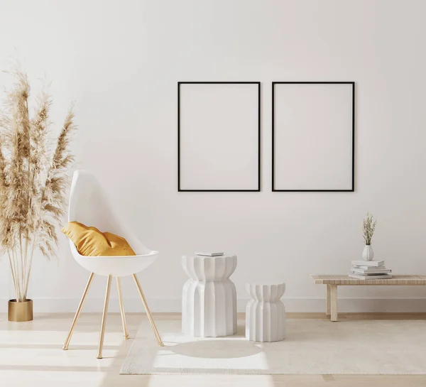 Boş poster çerçeveleri modern iç plan modelleri boş beyaz duvar, sandalye ve pampas çimen, lüks oturma odası iç plan, İskandinav tarzı, 3D canlandırma