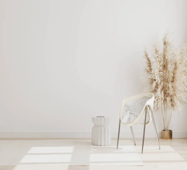 Sandalyesi, otlağı, halısı ve boş beyaz duvarı olan boş bir oda, modern oturma odası iç mimarisi, oturma odası iç mimarisi, İskandinav tarzı, 3D görüntüleme
