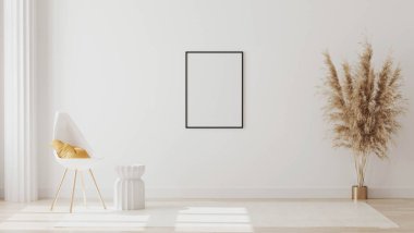 Beyaz çerçeveler beyaz odada boş odada, sütunlu beyaz sandalye sarı yastıklı, sehpa, 3D görüntüleme.