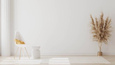 Boş oda içi sütunlu ve beyaz sandalyeli sarı yastıklı, beyaz arka planda kahve masası, modern oturma odası modeli, 3D görüntüleme