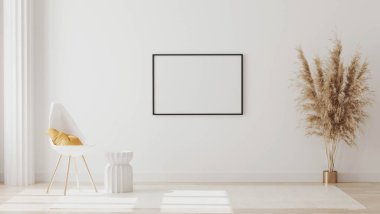 Beyaz çerçeveler beyaz odada boş odada, sütunlu beyaz sandalye sarı yastıklı, sehpa, 3D görüntüleme.