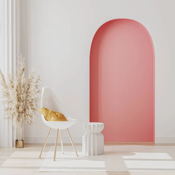 Beyaz koltuklu modern oda modeli, pencere kenarındaki kahve masası ve dekoratif pembe kemer ve arka planda sütun, oturma odasının iç fonu, 3D canlandırma.
