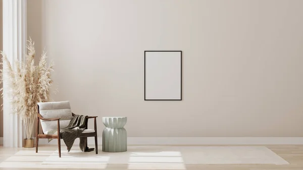 Duvardaki boş poster çerçevesi minimalist modern oturma odası iç plan oturma odası, oturma odası İskandinav tarzı taklit, 3D