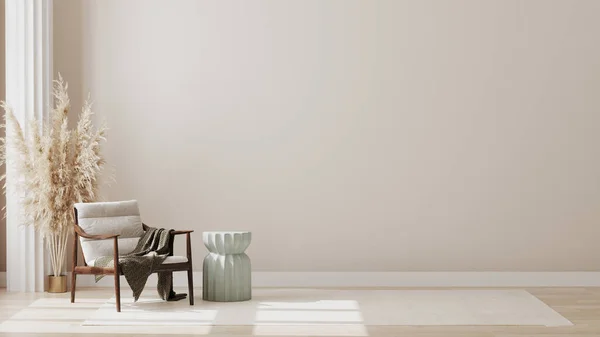 Minimalist modern oturma odası arka plan, oturma odası İskandinav tarzı, boş duvar modeli, 3D görüntüleme
