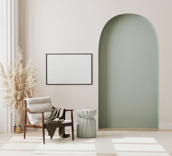 Blanco Fotolijstje Modern Interieur Van Woonkamer Met Witte Houten Stoel — Stockfoto