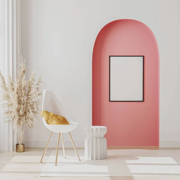 Boş poster çerçevesi modern oda içinde beyaz sandalyeli, pencerenin yanında kahve masası ve arka planda dekoratif pembe kemer ve sütun, 3D canlandırmalı.
