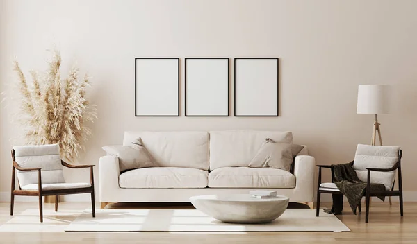 Blanco Fotolijstje Beige Interieur Weergave — Stockfoto