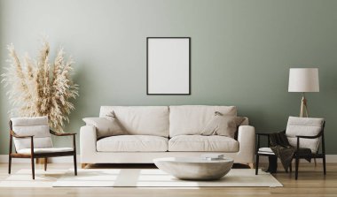 Boş çerçeve pastel yeşil odanın içinde maket, 3D görüntüleme