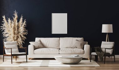 Boş resim çerçevesi mavi odanın içinde 3D görüntüleme ile modellenir