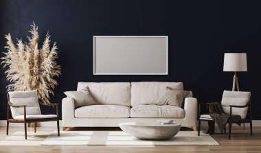 Boş resim çerçevesi mavi odanın içinde 3D görüntüleme ile modellenir