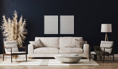 Boş resim çerçevesi mavi odanın içinde 3D görüntüleme ile modellenir