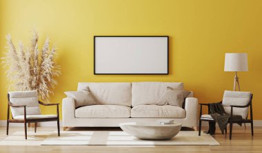 Boş resim çerçevesi, sarı odanın iç kısımlarında maket yapıyor, 3D görüntüleme