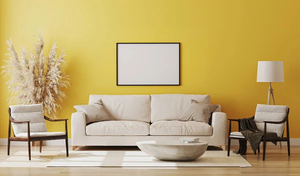 Marco Imagen Blanco Maqueta Interior Habitación Amarilla Renderizado — Foto de Stock