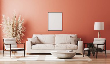 Boş resim çerçevesi kırmızı odanın içinde maket oluşturur, 3D görüntüleme