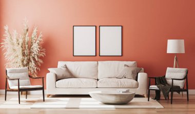 Boş resim çerçevesi kırmızı odanın içinde maket oluşturur, 3D görüntüleme