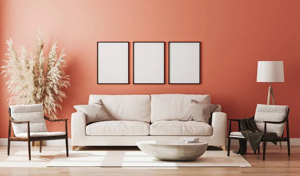 Blanco Fotolijstje Rood Interieur Weergave — Stockfoto