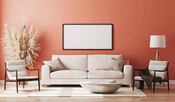 Marco Imagen Blanco Maqueta Interior Habitación Roja Renderizado — Foto de Stock