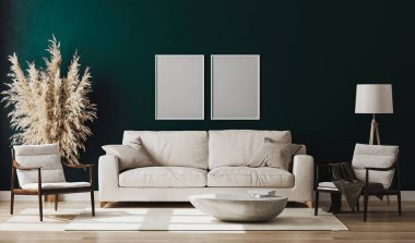 Boş resim çerçevesi mavi odanın içinde 3D görüntüleme ile modellenir