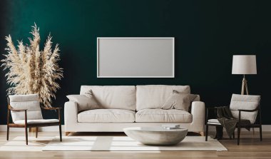 Boş resim çerçevesi mavi odanın içinde 3D görüntüleme ile modellenir