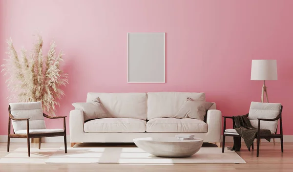 Boş resim çerçevesi, pembe odanın iç kısmı, 3D görüntüleme.