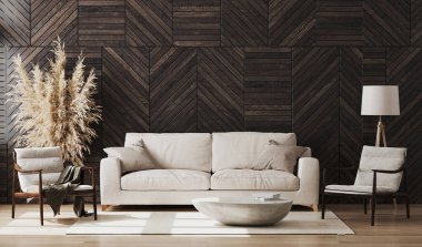 Modern oturma odasının içi ahşap duvar paneli, tahta sandalyeler, bej kanepe, dekorasyon, oturma odası iç mimarisi, 3D tasarım.