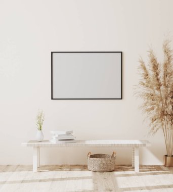 Beyaz duvarda, İskandinav tarzında dekorasyonlu, 3D işlemeli, modern iç planda boş poster modeli.