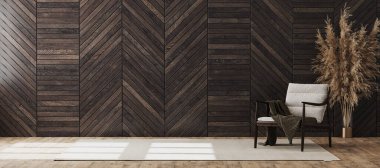 Boş modern odanın içi, duvarda ahşap dekoratif panelle ve battaniyeli ahşap sandalyeyle, oturma odasının iç planıyla, 3D dekorasyonla süslenir.
