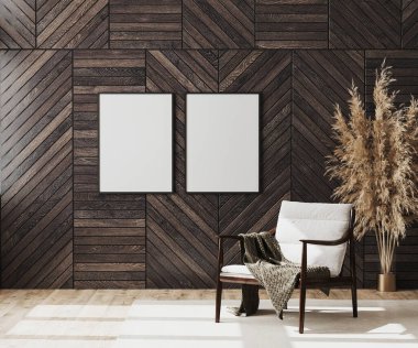 Boş poster çerçeveleri boş modern oda iç arka planında, duvarında ahşap dekoratif panel ve battaniyeli ahşap sandalye, oturma odası iç arka planı, 3D görüntüleme.