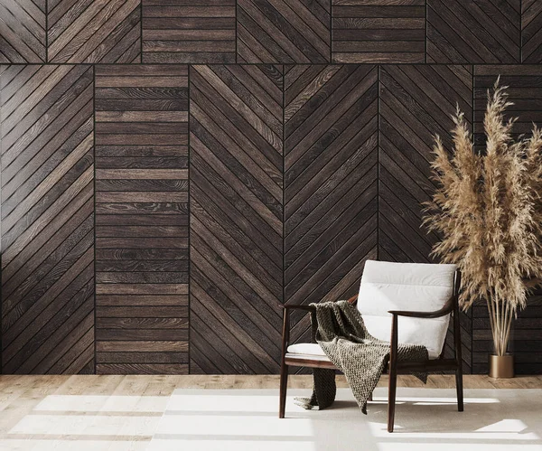 Boş modern odanın içi, duvarda ahşap dekoratif panelle ve battaniyeli ahşap sandalyeyle, oturma odasının iç planıyla, 3D dekorasyonla süslenir.