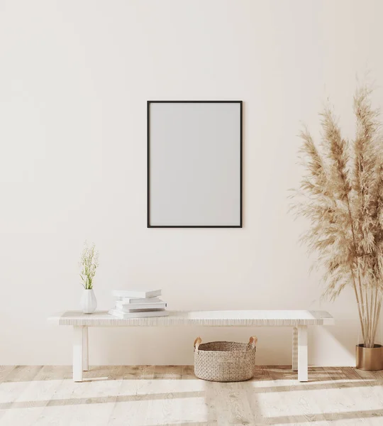 Beyaz duvarda, İskandinav tarzında dekorasyonlu, 3D işlemeli, modern iç planda boş poster modeli.
