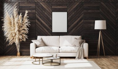 Modern lüks oturma odasındaki boş poster çerçevesi bej kanepe ve parke döşemeli dekoratif ahşap duvar paneli, zemin lambası, oturma odasının arka planı, 3D görüntüleme