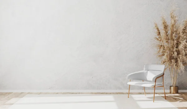 Parlak minimalist boş oda iç tasarımı ahşap parke zemin üzerinde lüks beyaz sandalye ve beyaz dekoratif alçı duvar, boş oda modeli, 3D tasarım