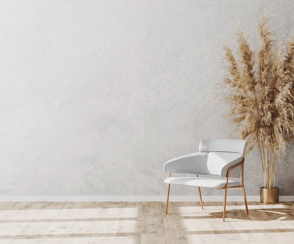 Parlak minimalist boş oda iç tasarımı ahşap parke zemin üzerinde lüks beyaz sandalye ve beyaz dekoratif alçı duvar, boş oda modeli, 3D tasarım