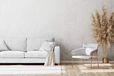 Açık renkli minimalist oturma odasının içi, dekoratif alçı duvar ve ahşap parke döşeme, lüks, İskandinav tarzı iç döşeme, 3D işlemeli beyaz ve altın koltukla süslenir.