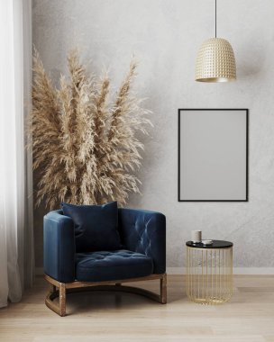 Poster çerçevesi modern oturma odasının iç planında koyu mavi koltuk ve gri duvar, minimalist İskandinav tarzı, 3D çizim