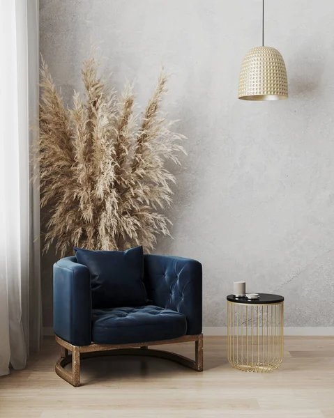 Moderne Luxe Woonkamer Interieur Donkerblauwe Fauteuil Met Zwart Goud Salontafel — Stockfoto