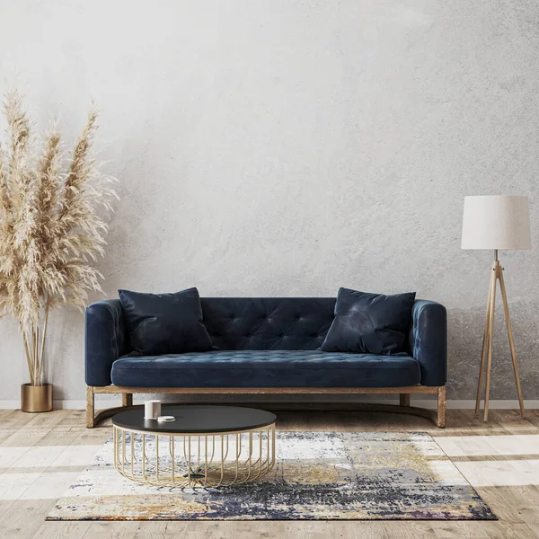 Modern Ruang Tamu Desain Interior Mewah Tiruan Dengan Sofa Biru — Stok Foto