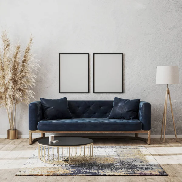 Blank frame mock up on wall in modern living room luxury interior design with dark blue sofa, decorative rug, floor lamp and stylish decoration, 3d rendering