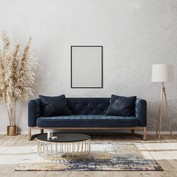 Blanco Frame Aan Muur Moderne Woonkamer Luxe Interieur Met Donkerblauwe — Stockfoto