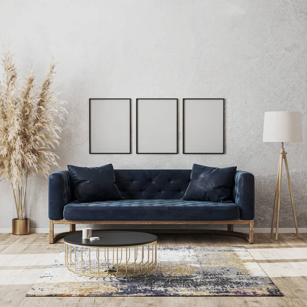 Blanco Frame Aan Muur Moderne Woonkamer Luxe Interieur Met Donkerblauwe — Stockfoto