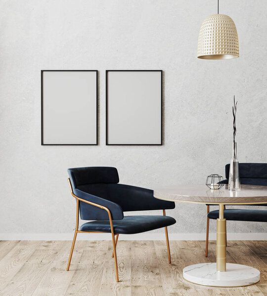 Black vertical poster frame mock up in dinning room modern interior with luxury dark blue chairs and marble and gold table with wooden floor and gray wall, 3d rendering
