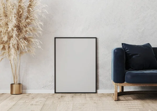 Lege Zwarte Poster Frame Model Het Houten Parket Buurt Van — Stockfoto