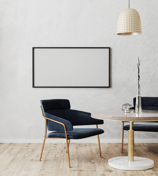 Horizontal picture frame mock up in dinning room modern interior with luxury dark blue chairs and marble and gold table with wooden floor and gray wall, 3d rendering