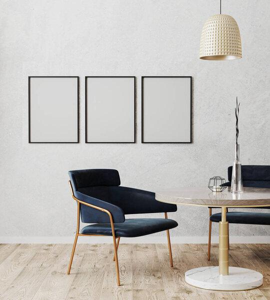 Black vertical poster frame mock up in dinning room modern interior with luxury dark blue chairs and marble and gold table with wooden floor and gray wall, 3d rendering