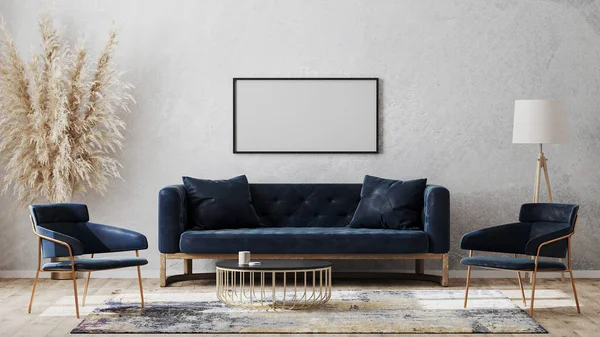 Gri duvardaki yatay boş poster çerçeveleri modern lüks iç tasarımı koyu mavi kanepe, kahve masasının yanındaki koltuklar, ahşap zemindeki süslü halı, 3D tasarım.