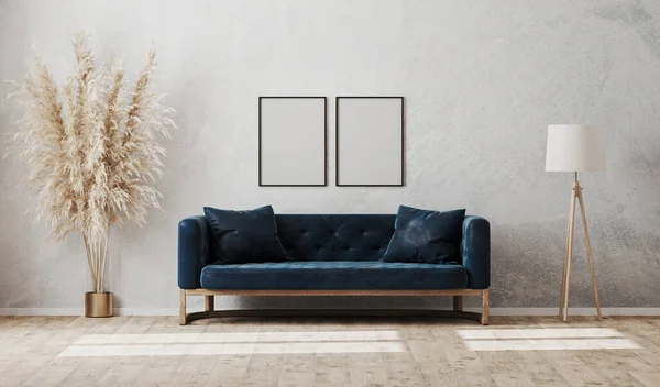 Blanco Verticale Frames Grijze Decoratieve Gipsplaat Muur Moderne Woonkamer Interieur — Stockfoto