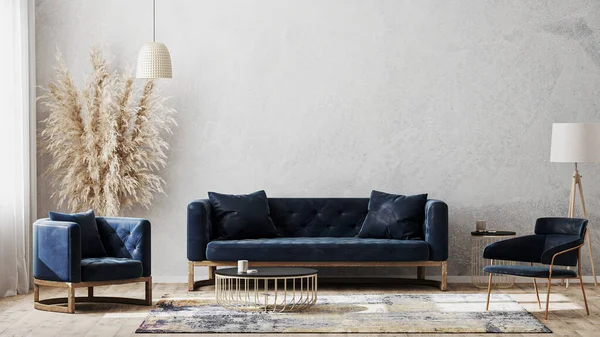 Modern Living Room Mock Dark Blue Sofa Armchairs Coffee Table — Stock Photo, Image