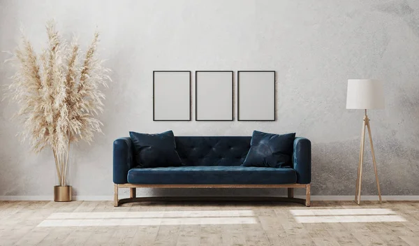 Blanco Verticale Frames Grijze Decoratieve Gipsplaat Muur Moderne Woonkamer Interieur — Stockfoto