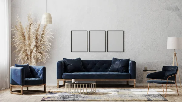 Gri duvardaki üç boş poster çerçevesi modern lüks iç tasarımı koyu mavi kanepe, kahve masasının yanındaki koltuklar, ahşap zemindeki süslü halı, 3D tasarım.