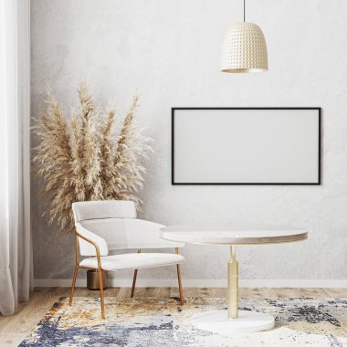 Boş yatay çerçeve, lüks yuvarlak yemek masası, beyaz sandalye, modern tasarım halı, İskandinav tarzı, 3D tasarım